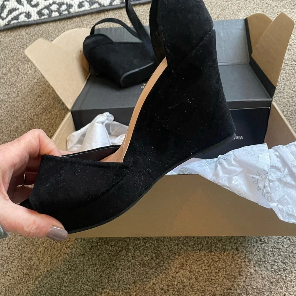 Brand new black velvet wedge sling back shoe NWT